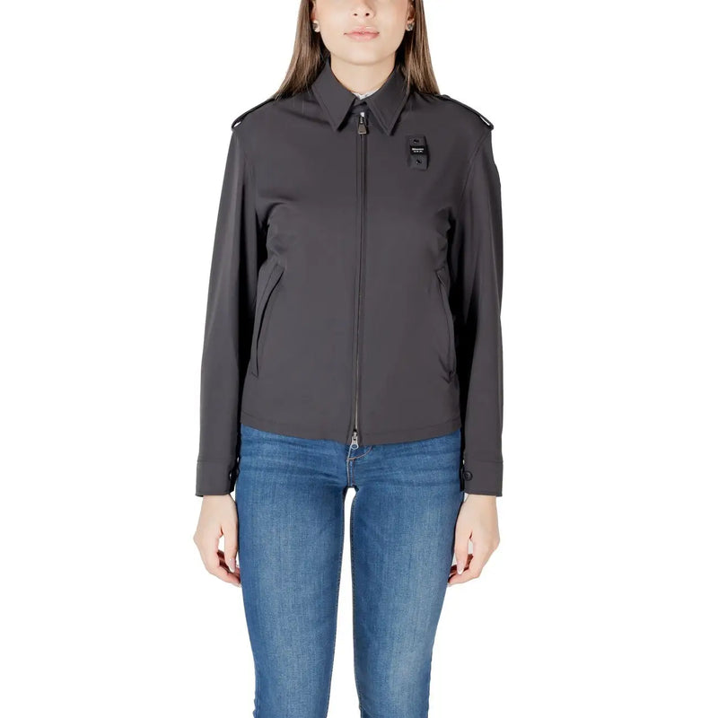 Dark gray collared jacket with sleek zip front structured shoulders and subtle brand patch on the chest