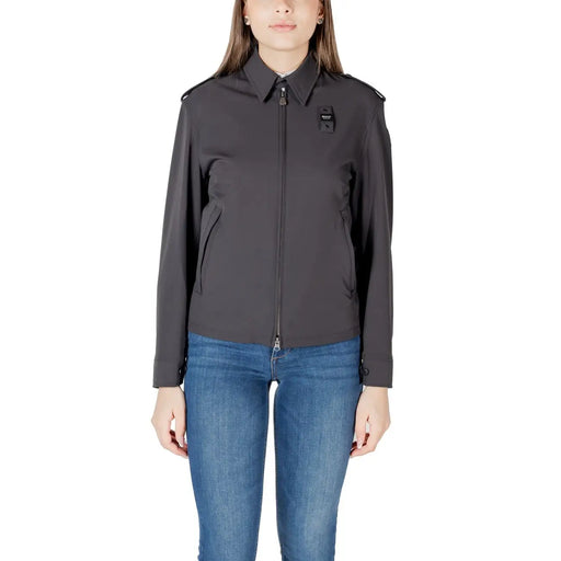 Dark gray collared jacket with sleek zip front structured shoulders and subtle brand patch on the chest