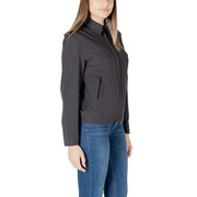 Dark gray collared jacket for black women with front zipper, subtle side pockets, and casual design