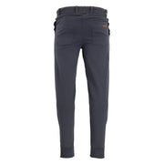 Dark gray sweatpants in slim-fit design with subtle texture and two rear pockets with brown leather-like patches visible from back