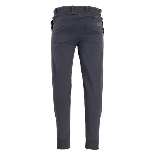 Dark gray sweatpants in slim-fit design with subtle texture and two rear pockets with brown leather-like patches visible from back