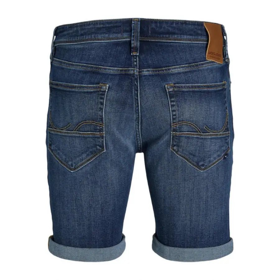 Jack & Jones dark blue denim shorts for urban style clothing on city fashion background