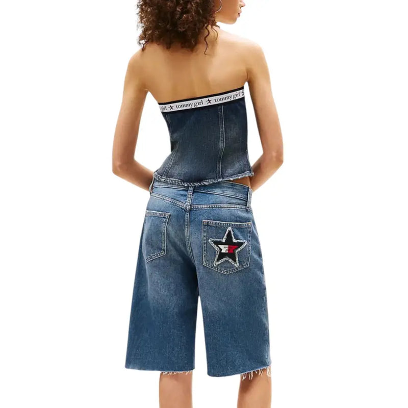 Denim strapless corset top and long shorts set with star patch from Tommy Hilfiger Jeans Women Blue Printed Top Fall Winter