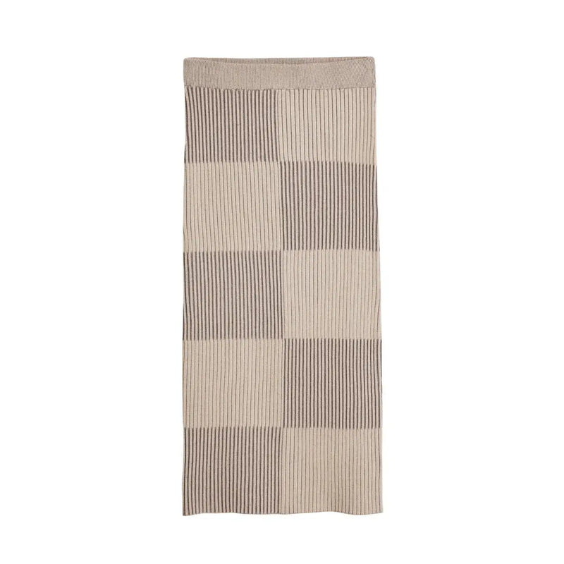 Desigual beige checked women skirt in ribbed knit with taupe geometric pattern of solid squares and striped panels