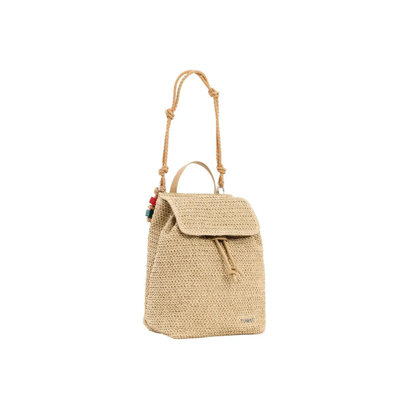 Desigual beige convertible handbag rucksack made of woven straw with drawstring closure and braided shoulder strap