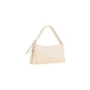 Desigual Schultertasche aus cremefarbenem Leder mit geflochtenem Henkel, Fransen und Reißverschlusstasche