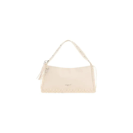 Cream-colored Desigual polyester handbag with textured surface, decorative fringe edges, handle, and zip pocket