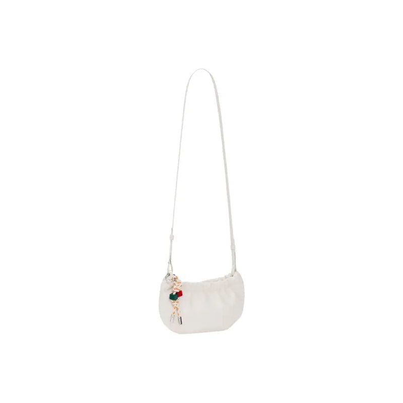 Desigual beige polyester shoulder bag with zip pocket featuring a sleek white crossbody design and colorful charm