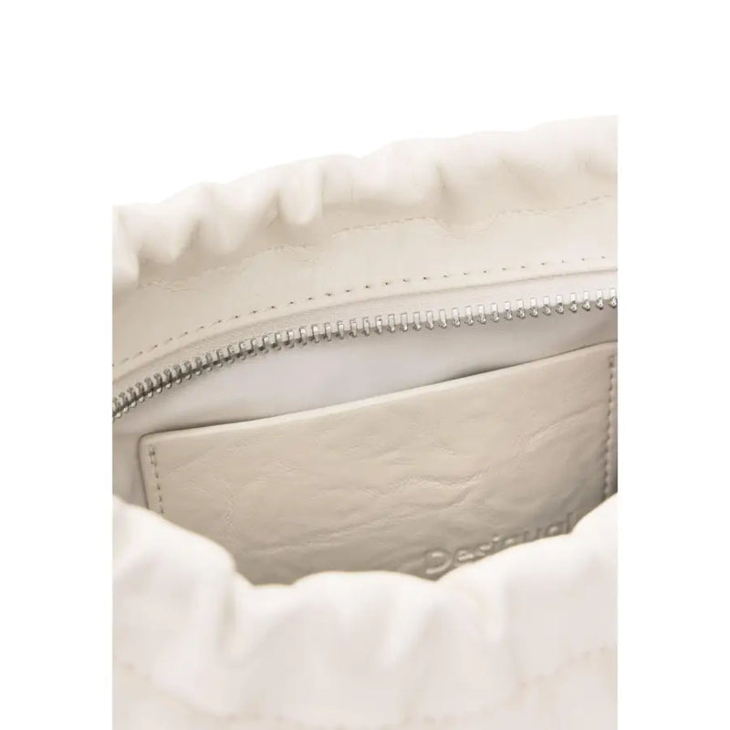 Desigual beige polyester shoulder bag with cream leather interior silver zipper and embossed brand name panel