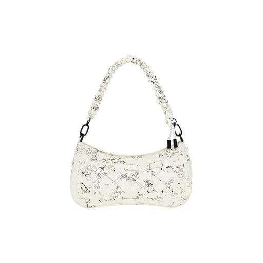 Desigual beige polyurethane handbag with zip featuring a white base, black scribble pattern, and braided strap