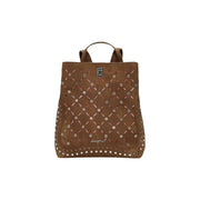 Brown faux leather backpack with silver studs, cutout details, and hook button closure