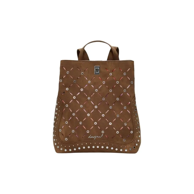 Brown faux leather backpack with silver studs, cutout details, and hook button closure