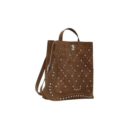 Brown faux suede backpack with studded lattice pattern from Desigual with hook button closure