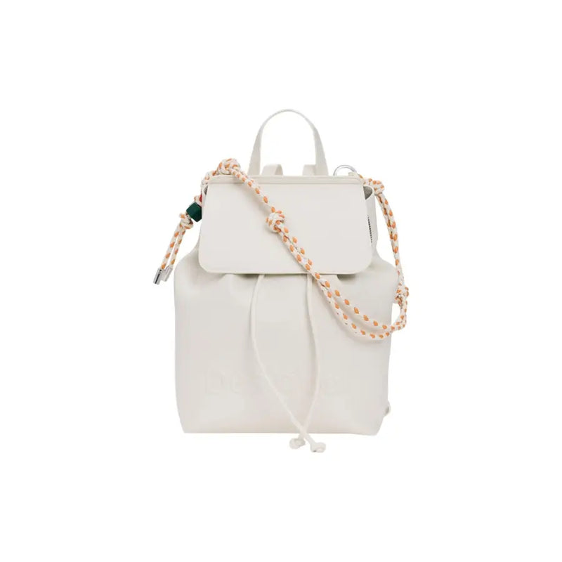 Cream-colored leather Desigual beige rucksack with braided tan and white rope shoulder strap and pockets