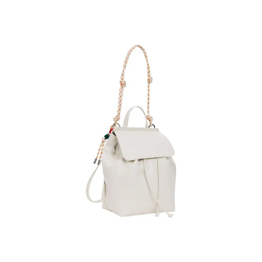 Desigual beigefarbener Rucksack mit cremefarbenem Leder, geflochtenem Riemen und Kordelzug