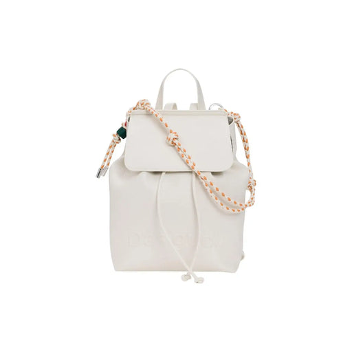 Cream-colored leather Desigual beige rucksack with braided tan and white rope shoulder strap and pockets