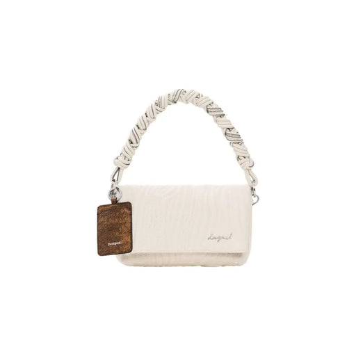 Desigual beige cream-colored quilted handbag with braided white strap and brown leather tag for women