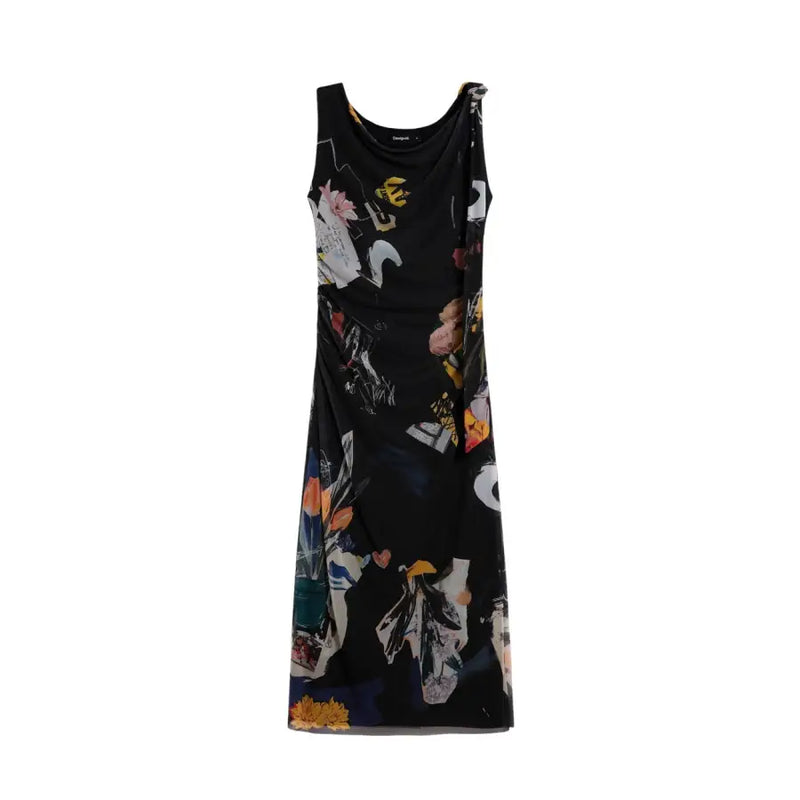 Black sleeveless Desigual dress with vibrant abstract floral print in polyester elastane for women