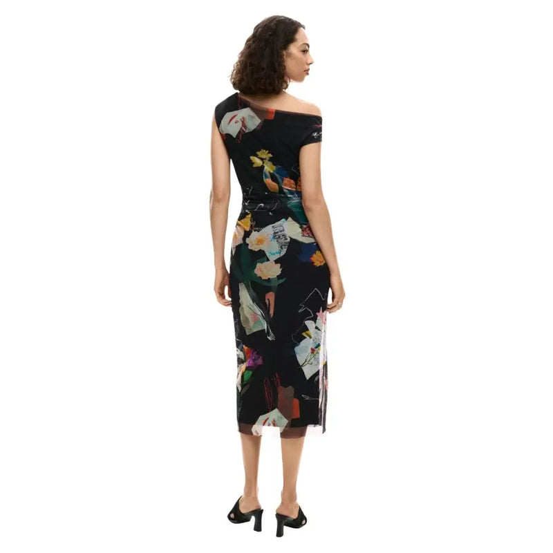 Desigual black off-the-shoulder midi dress with vibrant floral abstract print made of polyester elastane for women