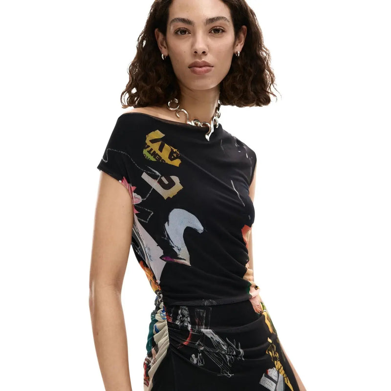 Desigual black short-sleeved polyester elastane dress with colorful graphic print and asymmetrical ruched design