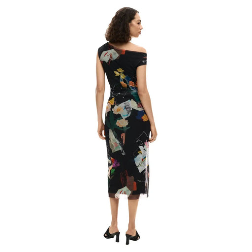 Desigual black off-the-shoulder midi dress with vibrant floral abstract print made of polyester elastane for women
