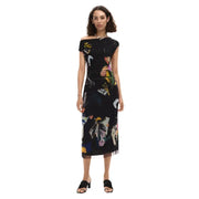 Black off-the-shoulder midi dress with colorful abstract floral and graphic print made of polyester elastane by Desigual