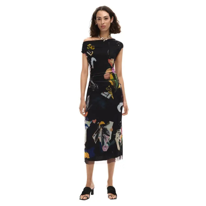 Schwarzes schulterfreies Midikleid von Desigual mit abstraktem Blumenmuster