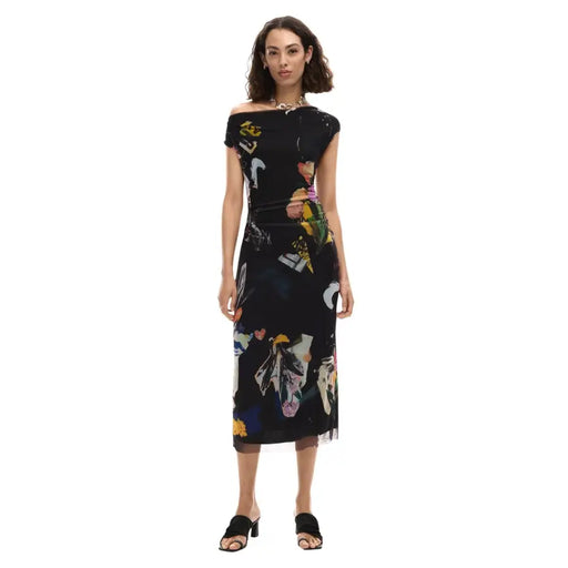 Schwarzes schulterfreies Midikleid von Desigual mit abstraktem Blumenmuster