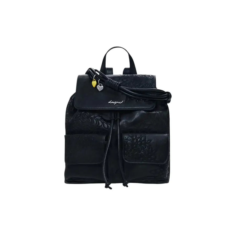 Desigual schwarzer Lederrucksack mit Blumenprägung, Taschen und Kordelzug