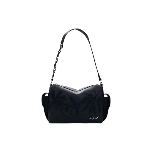 Desigual black leather shoulder bag with embossed palm leaf design and chain and leather strap with pockets