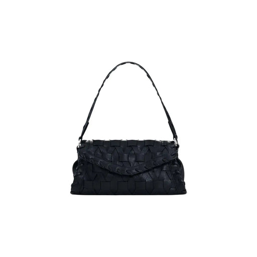Desigual black woven leather handbag with shoulder strap featuring a structured textured pattern and inside pocket