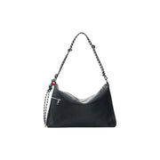 Desigual black leather hobo bag with chain strap and decorative red and green beads featuring shoulder pockets