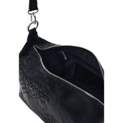 Desigual black leather crossbody bag with embossed floral pattern silver zipper shoulder strap and pockets