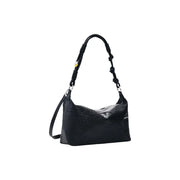Desigual black leather hobo handbag with braided shoulder strap and subtle embossed floral pattern and pockets