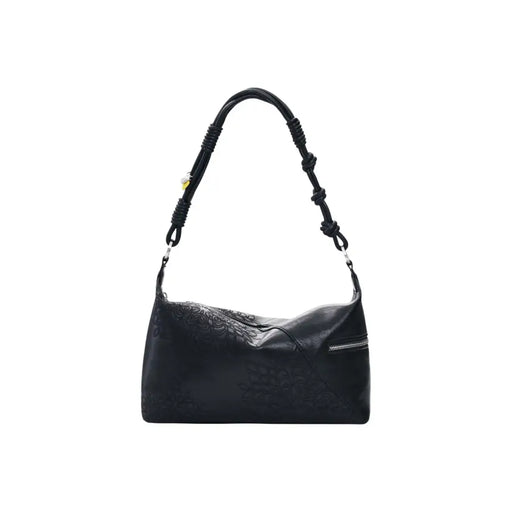 Black leather shoulder bag by Desigual with embossed floral pattern braided strap and multiple pockets