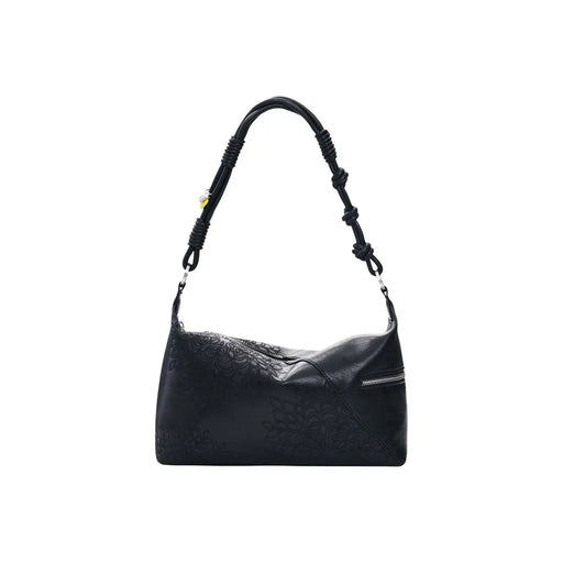 Black leather shoulder bag by Desigual with embossed floral pattern braided strap and multiple pockets