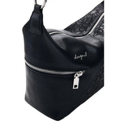 Desigual black leather handbag with shoulder strap silver zippers and subtle embossed floral pattern on the side