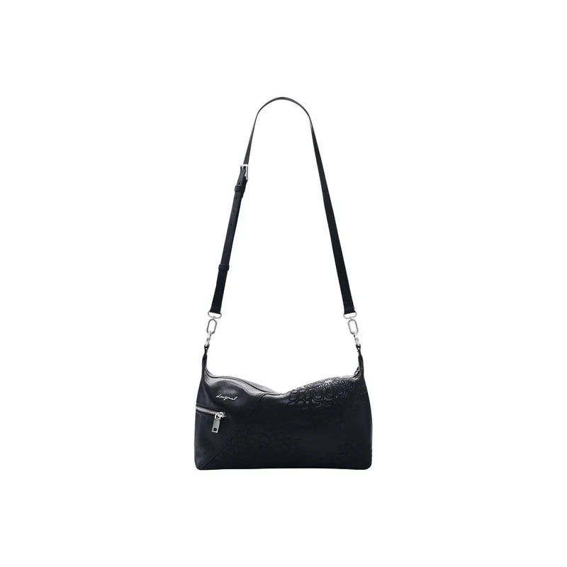 Desigual black leather crossbody handbag with embossed floral design silver-toned hardware and shoulder strap pockets