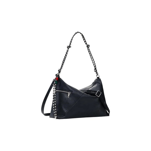 Desigual black leather hobo bag with chain strap and decorative beaded tassel for shoulder use with pockets