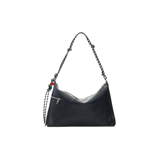 Desigual black leather hobo bag with chain strap and decorative red and green beads featuring shoulder pockets