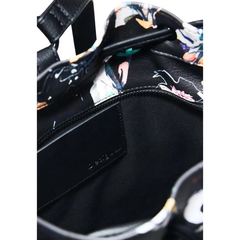 Desigual black leather shoulder bag with vibrant abstract floral print multicoloured cotton handbag with laces and black zipper