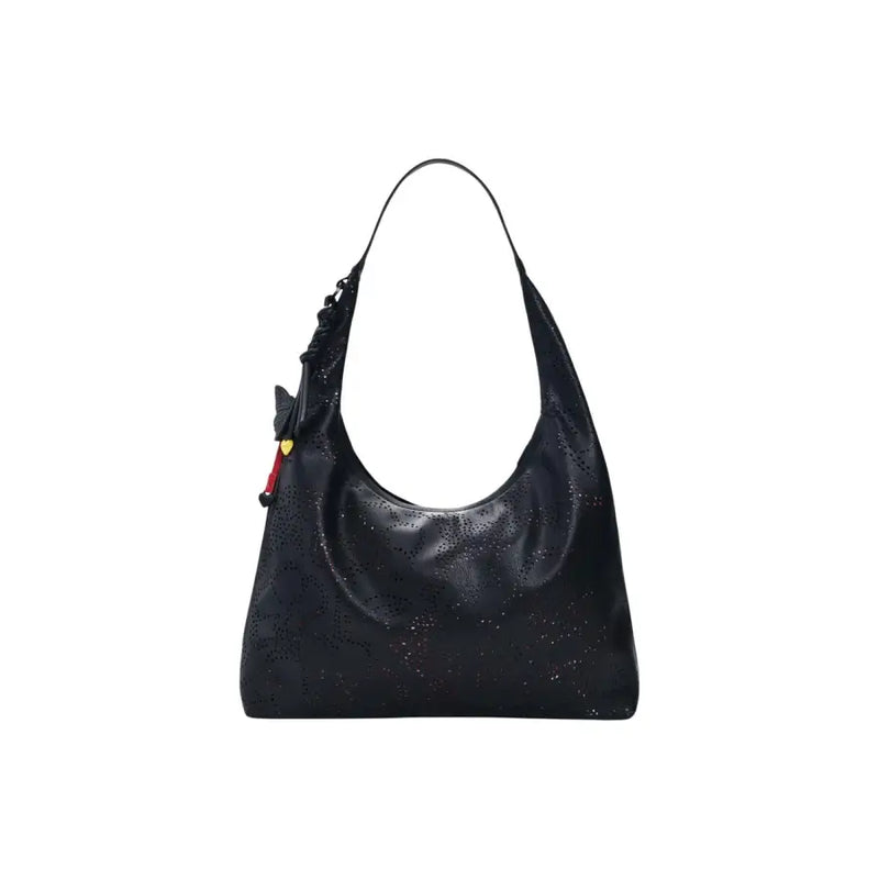 Desigual Hobo-Tasche aus schwarzem Leder mit Perforationen, Anhänger, Reißverschluss und Innenfach