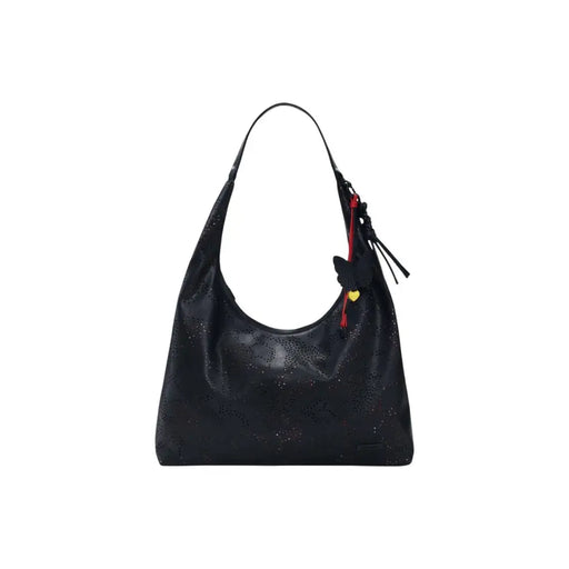 Desigual Hobo-Tasche aus schwarzem Leder mit Lochmuster, Schmetterlingsanhänger, Reißverschluss und Fach