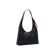 Desigual Hobo-Tasche aus schwarzem, perforiertem Leder mit rotem Reißverschlussanhänger und Quaste