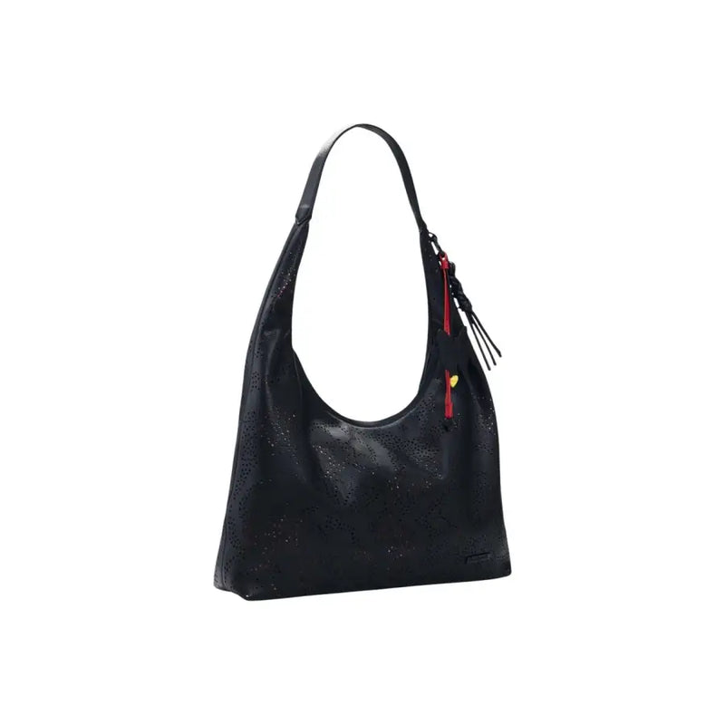 Desigual Hobo-Tasche aus schwarzem, perforiertem Leder mit rotem Reißverschlussanhänger und Quaste