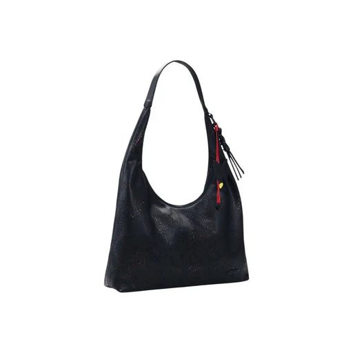 Desigual Hobo-Tasche aus schwarzem, perforiertem Leder mit rotem Reißverschlussanhänger und Quaste
