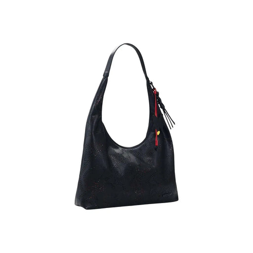 Desigual black polyester handbag with perforated leather hobo design and red zipper pull with inside pocket