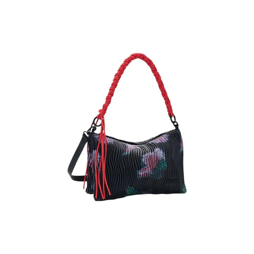 Desigual schwarze Polyester-Plisseehandtasche mit Blumenmuster und rotem geflochtenem Henkel
