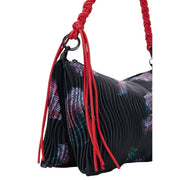 Desigual black polyester handbag with pleats zip pocket vibrant red braided strap and colorful floral pattern