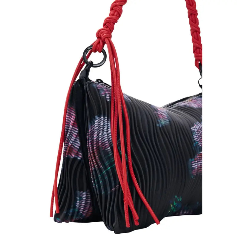 Desigual black polyester handbag with pleats zip pocket vibrant red braided strap and colorful floral pattern